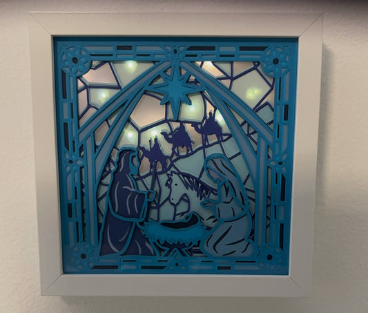 Coastal Colored Lighted Nativity Shadowbox