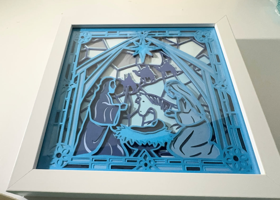 Coastal Colored Lighted Nativity Shadowbox