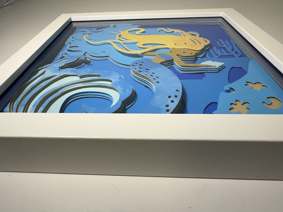 Whimsical mermaid on beach with shells and waves multi-layered 3D Shadow Box