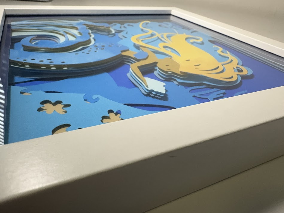 Whimsical mermaid on beach with shells and waves multi-layered 3D Shadow Box