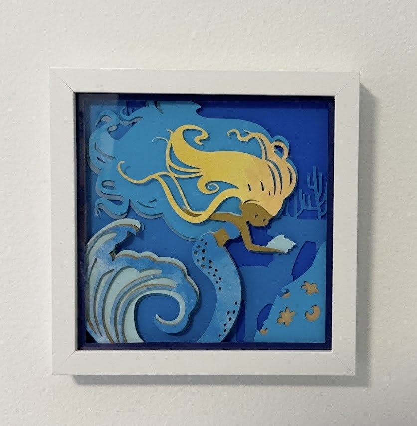 Whimsical mermaid on beach with shells and waves multi-layered 3D Shadow Box