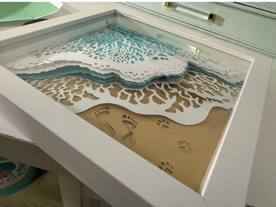 Coastal 3D Shadowbox with Beach and Wave and Footprints