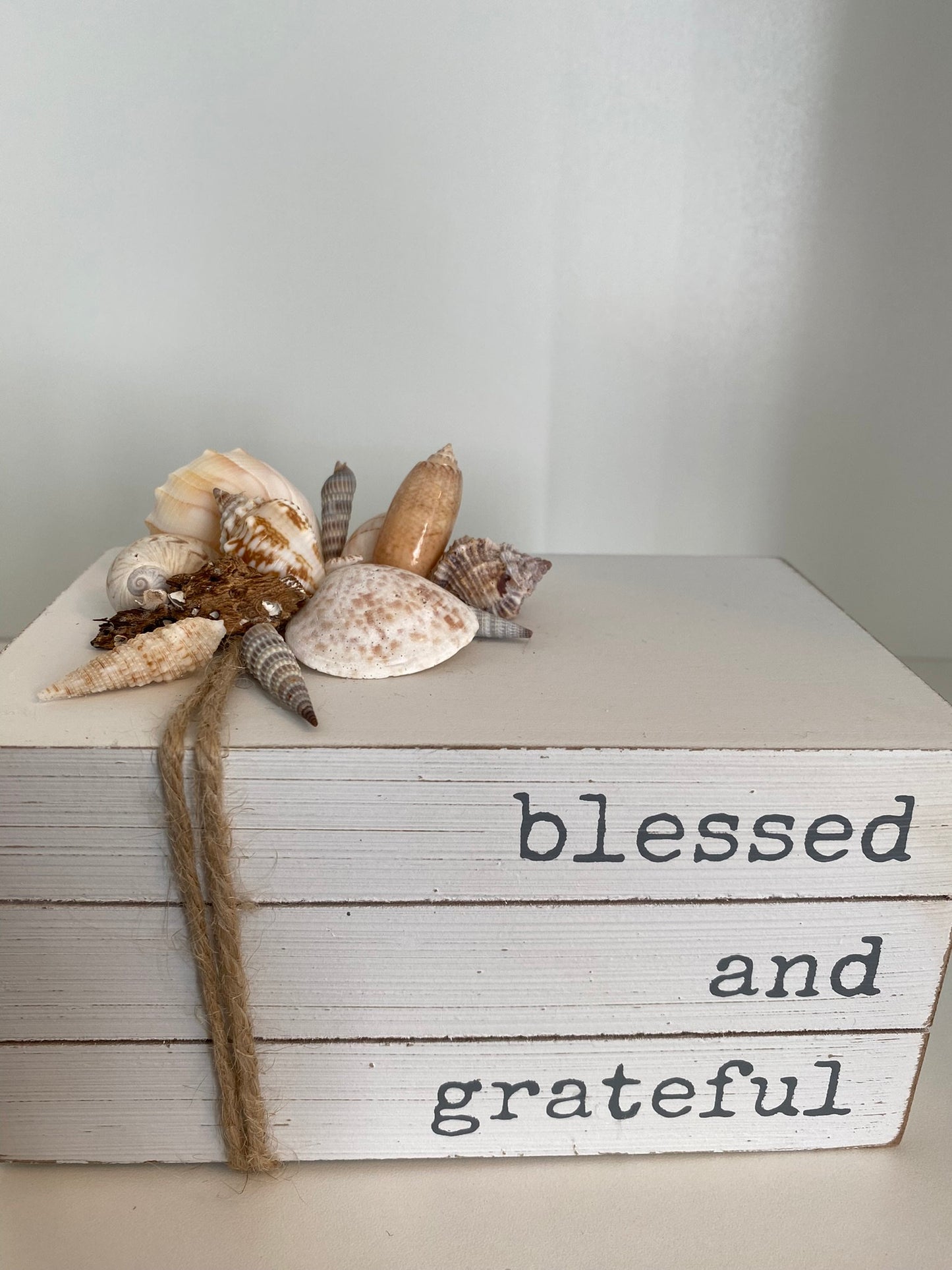 White grateful and blessed box with seashells for shelf or desk