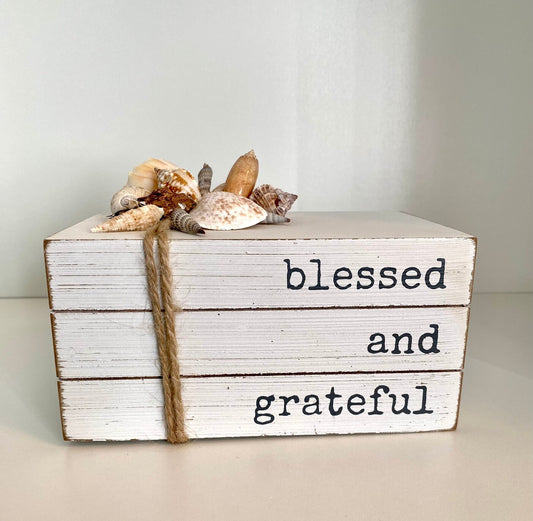 White grateful and blessed box with seashells for shelf or desk
