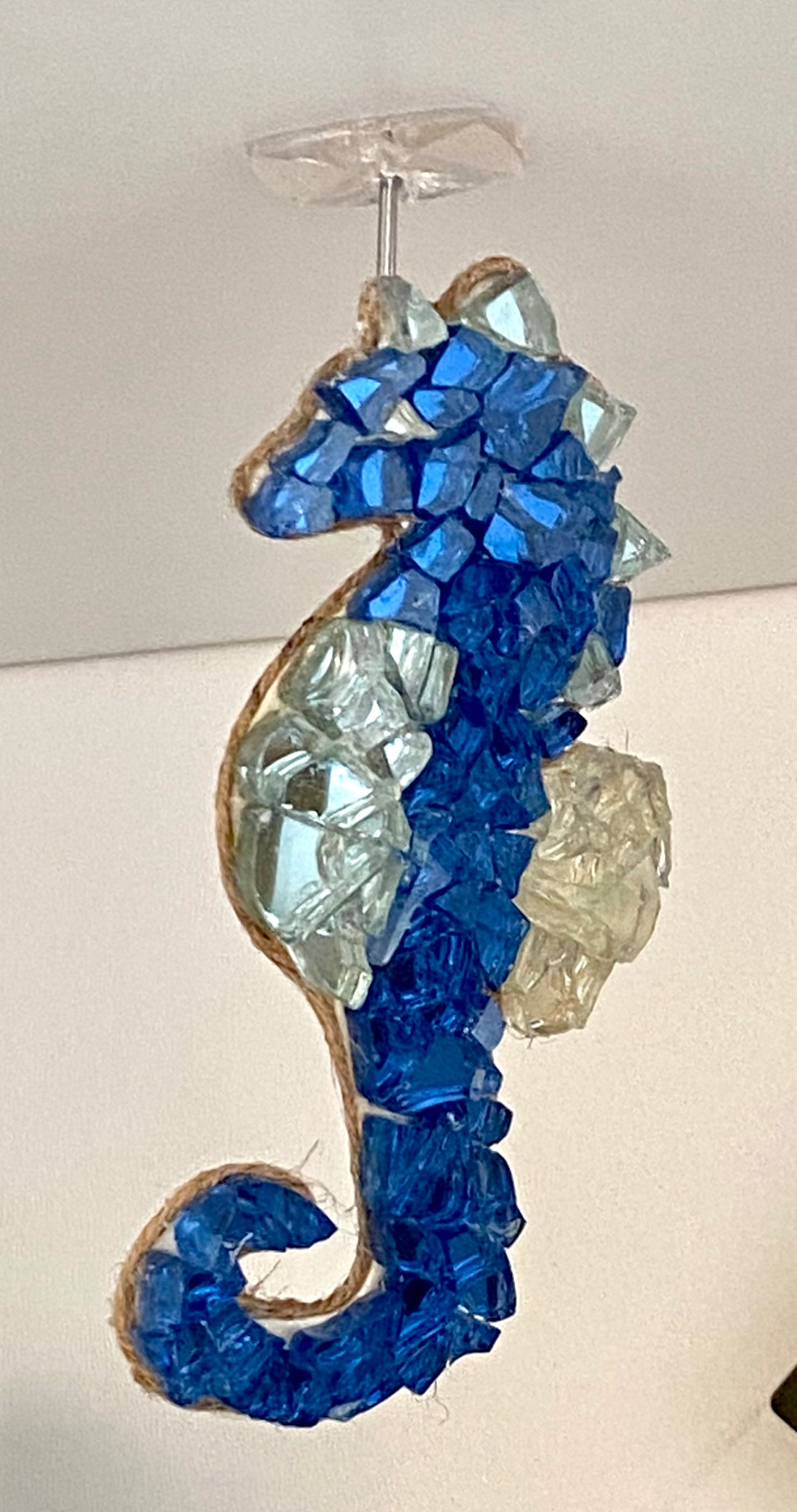 Blue Hanging Mosaic Fire Glass Shiny Seahorse Ornament