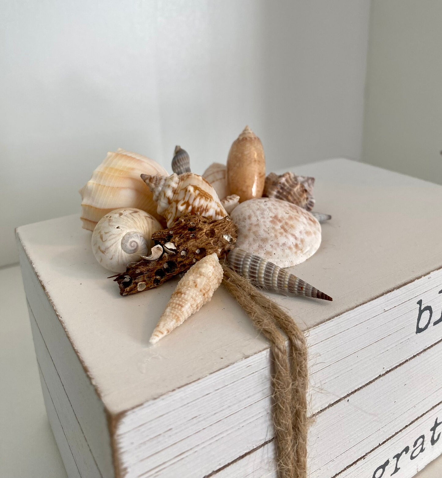 White grateful and blessed box with seashells for shelf or desk