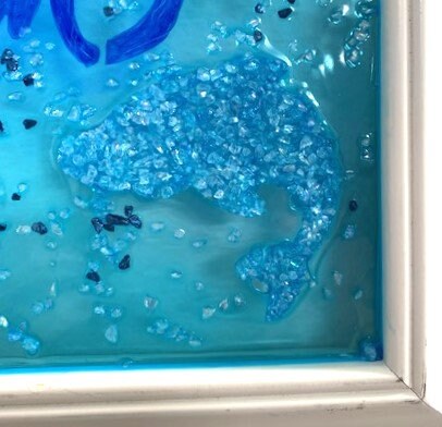 Framed I love the Beach Wall Hanging with shell, seahorse, and dolphin in crushed glass