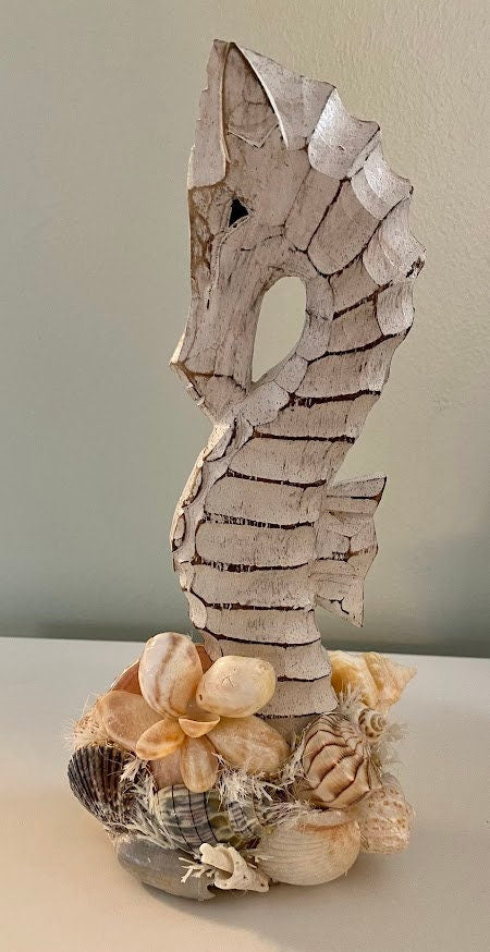 Wooden Seahorse Accented with Seashells, Shell Flower, Banded Tulip, and LED Lights