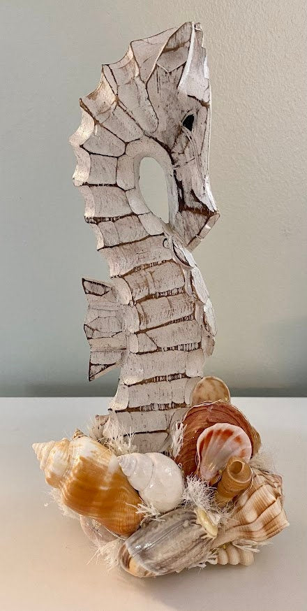 Wooden Seahorse Accented with Seashells, Shell Flower, Banded Tulip, and LED Lights