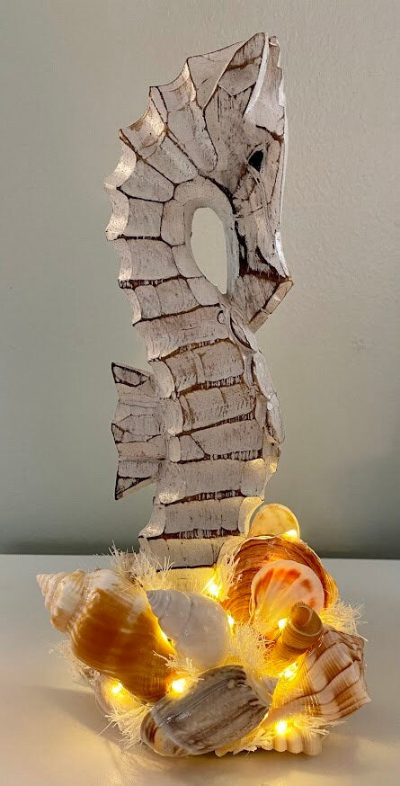 Wooden Seahorse Accented with Seashells, Shell Flower, Banded Tulip, and LED Lights