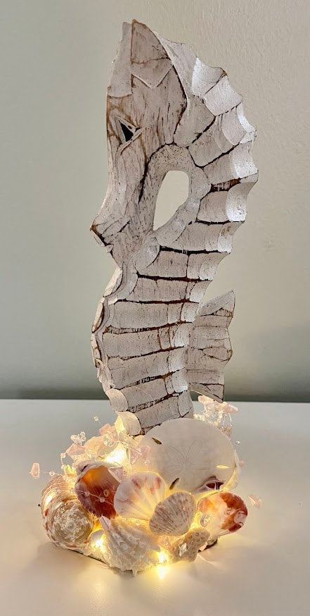 Wooden Seahorse Accented with Seashells, Pink Seaglass, sand dollar, Sea star/Starfish with LED Lights